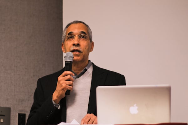 Stanford School of Education Dean Claude Steele welcomes SFUSD Superintendent Carlos Garcia Tuesday afternoon embracing partnership. (NICK SALAZAR/The Stanford Daily)