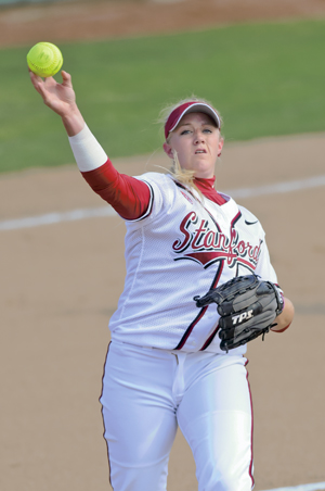 Junior pitcher Teagan Gerhart (above) combined with freshman Nyree White to throw a perfect game against UC-Santa Barbara. (SIMON WARBY)