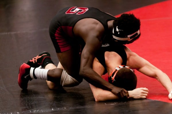 Stanford's Ryan Mango (pictured) was one of two Cardinal wrestlers to win gold at the Pac-12 Championships. (WENDING LU/The Stanford Daily)