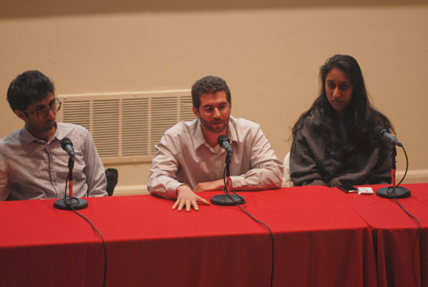 Rohan Puranik '09, Brenden Millstein '10 and Divya Nag '13 were three of the student entrepreneurs who presented their experiences with student start-up accelerator StartX on Wednesday night.