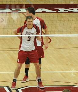 Senior middle blocker Gus Ellis (No. 3) was part of the game-winning block that propelled Stanford over Cal State Northridge in five sets. (MADELINE SIDES/The Stanford Daily)