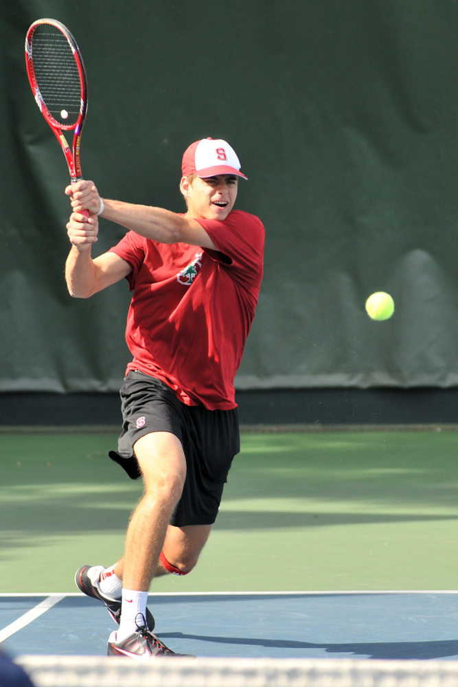 Freshman Robert Stineman teamed up with junior Matt Kandath for doubles as head coach John Whitlinger changed up the lineup. It worked for Stanford, as the Cardinal swept Pacific 7-0. (MICHAEL KHEIR/The Stanford Daily)