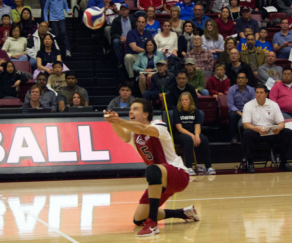 Sophomore outside hitter Brian Cook (above) and the No. 3 Stanford men’s volleyball crew defeated No. 4 BYU 3-1 in the semifinal round of the MPSF Conference Tournament on Thursday night at USC’s Galen Center. The Cardinal will try to win the tourney when it faces No. 2 UC Irvine in the finals on Saturday night. (ROGER CHEN/The Stanford Daily)