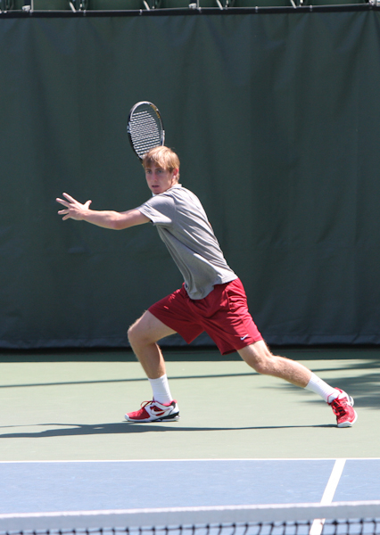 Freshman John Morrissey may be making his first NCAA tournament run with the Cardinal, but he was pivotal against Santa Clara on Sunday, winning his doubles match with senior Bradley Klahn 9-7 and then earning a three-set victory in the singles session to clinch a Stanford win. (ALISA ROYER/The Stanford Daily)