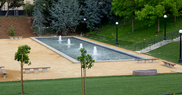 The park that will replace the Frederick Emmons Terman Engineering Center is beginning to take shape after months of demolition and clearing. The park is set to open on schedule later this month. (ROGER CHEN/The Stanford Daily)