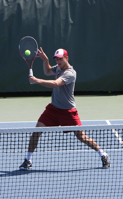 Senior Ryan Thacher remembers all too well what happened when Stanford and Virginia met in the NCAA Tournament last year, and this time around the result was the same, with the Cardinal being eliminated by the Cavaliers for the second straight season. Thacher still has the singles and doubles tournaments ahead. (ALISA ROYER/The Stanford Daily)