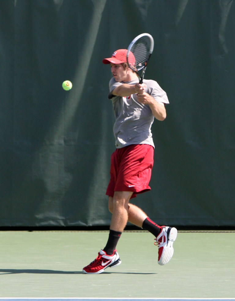 Bradley Klahn (above) upset No. 4 seed Jarmere Jenkins of Virginia in the first round of the NCAA singles tournament in Athens, Ga. (ALISA ROYER/The Stanford Daily)