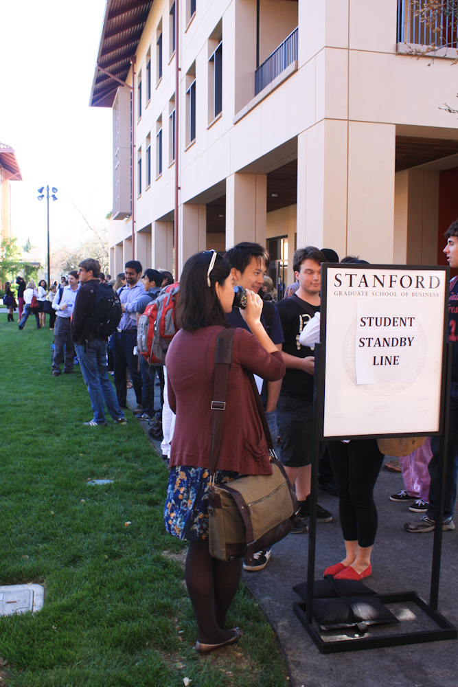 Students wait in line outside Cemex Auditorium.