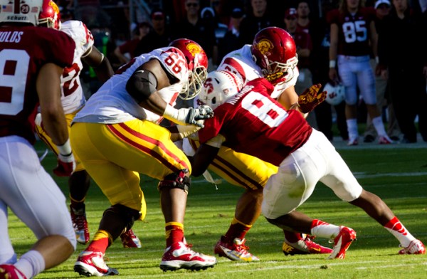 Junior safety Jordan Richards (8) has been a vital cog for Stanford's secondary, picking Matt Barkeley off in the Cardinal's upset win over USC. (Roger Chen/ The Stanford Daily)