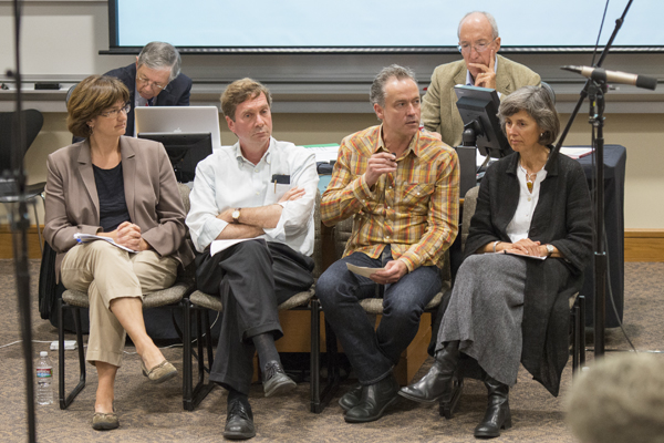 Professors Kam Moler, Brad Osgood, Gavin Jones and Rosemary Knight took part in a panel discussion about the units of credit required for different majors. (LINDA A. CICERO/Stanford News Service)