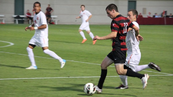 Freshman Aaron Kovar (above with ball) and the Stanford men's soccer team knocked off No. 25 UC-Santa Barbara on the road Friday night (AVI BAGLA/The Stanford Daily).