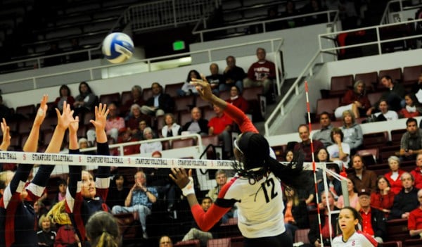 Freshman Inky Ajanaku (12) had a match-high 10 kills as the No. 1 Cardinal rolled rival Cal 3-0 in the final regular season match of the season.