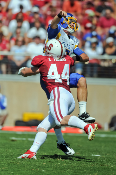 Redshirt senior linebacker Chase Thomas was named a Lott IMPACT Award semifinalist on Thursday. (SIMON WARBY/The Stanford Daily)