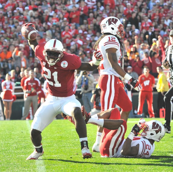 Senior wide receiver Jamal Rashad-Patterson (21) celebrates after making a catch in the first quarter. Stanford went on to win the 99th Rose Bowl 20-14 over Wisconsin (Michael Kheir/The Stanford Daily).