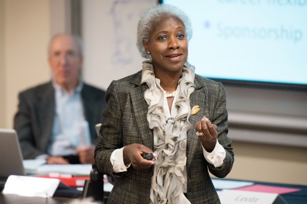 Senior Associate Dean  Hannah Valantine speaks to the Faculty Senate about initiatives at the Medical Center during the Report on the Status of Women Faculty.(Courtesy Linda A. Cicero).