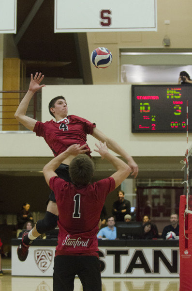 Freshmen Conrad Kaminski and Joe Ctvrtlik have not seen a road win as a Cardinal middle, as Stanford is 0-2 on the road this year. The team looks to change its fortunes at Hawaii this weekend. (JOHN CHRISTOFFERSON/The Stanford Daily)