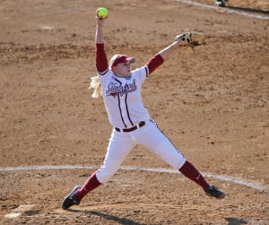 Senior pitcher Teagan Gerhart (above) gave up just one hit in a five-inning, complete game shutout of Florida Gulf Coast on Saturday. (RICK BALE/StanfordPhoto.com(RICK BALE/StanfordPhoto.com)