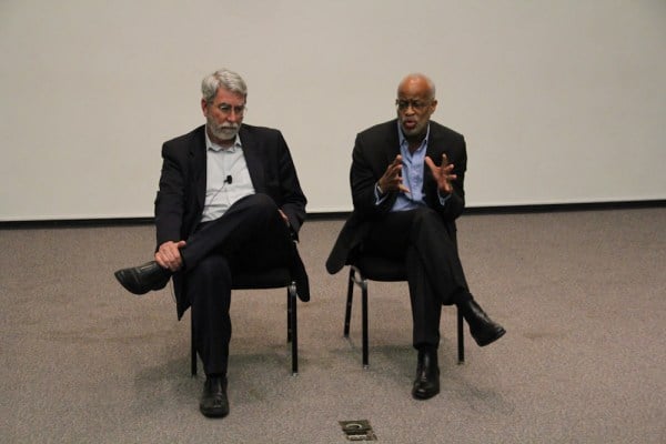 University Registrar Tom Black (left) and Vice Provost for Undergraduate Education Harry Elam fielded questions from students about the proposed class scheduling changes during a town hall-style meeting Wednesday evening. (AVI BAGLA/The Stanford Daily)