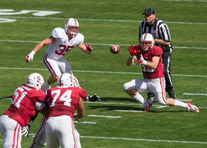 Senior tight end Davis Dudchock (right) has been waiting three years behind Coby Fleener, Zach Ertz and Levine Toilolo; now, he has the chance earn a starting role as Stanford's "F" tight end. (BOB DREBIN/StanfordPhoto.com