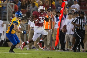 Senior Anthony Wilkerson fell 37 yards short of Tyler Gaffney on Saturday, but did so on fewer carries, averaging more yards per carry (7.2) than Gaffney (5.2). (BOB DREBIN/StanfordPhoto.com)