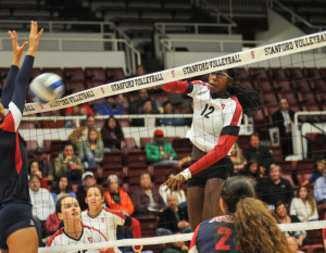 Sophomore middle blocker Inky Ajanaku (12) had a career high in 