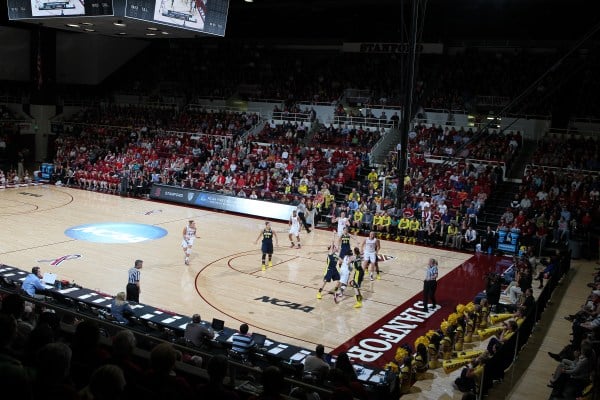 (BOB DREBIN/stanfordphoto.com) The display system at Maples Pavilion is being updated this summer to make the screens visible from any seat in the venue.