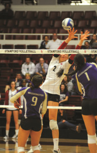 Senior outside hitter Carly Wopat (above) needs eight kills to pass 1,000 on her career, and can reach the milestone tonight against Washington State. (SAM GIRVIN/The Stanford Daily)