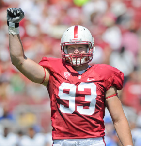 Fifth-year senior outside linebacker Trent Murphy (93) was named Pac-12 defensive player of the week for his performance in Stanford's win against Washington (SIMON WARBY/The Stanford Daily)