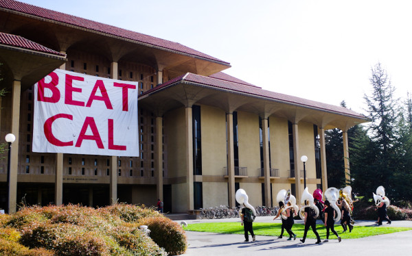 When Meyer Library is eventually torn down, the Axe Committee will have to find a new place to hang the traditional 'Beat Cal' banner. (SAM GIRVIN/The Stanford Daily)