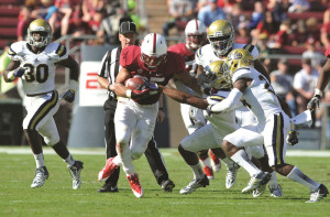 Four years ago today, senior running back Tyler Gaffney (center) watched Toby Gerhart run for over 200 yards against Oregon as Stanford clinched its first bowl berth in eight years. (AVI BAGLA/The Stanford Daily)