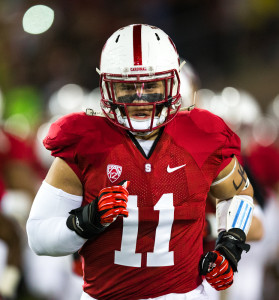 Fifth-year senior linebacker Shayne Skov (above) had a team-high nine tackles, also forcing a De'Anthony Thomas fumble at the Cardinal 2-yard line. (ROGER CHEN/The Stanford Daily)