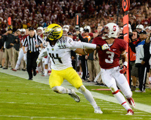 Sophomore wide receiver Michael Rector (right) noted that his success on deep passes recently has opened up shorter routes. Rector led the Cardinal in receiving yardage against both Oregon and USC. (SIMON WARBY/The Stanford Daily)