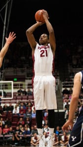 Senior guard Anthony Brown (above) is shooting 46.7 percent in his return from injury this season. Along with junior Chasson Randle, he anchors a strong Cardinal backcourt that has made its presence felt on the scoresheet early on this season. (BEN SULITEANU/The Stanford Daily) 