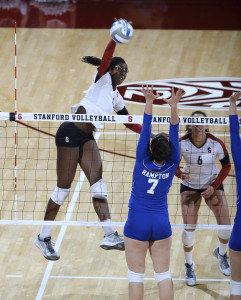 Sophomore middle blocker Inky Ajanaku (top left) (StanfordPhoto.com)