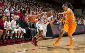 Junior Guard Amber Orrange (33) scored 15 points on Saturday night with six assists and three steals, sealing a clean victory for the Cardinal. (JOHN TODD/Stanford Photo)