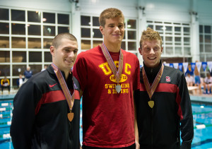 Chad La Tourette (right) celebrates a first-place finish at the Pac-12 Championships. (David Bernal/Stanfordphoto.com) 