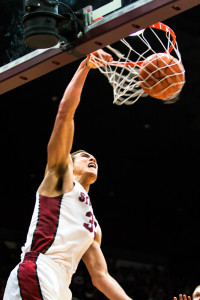 Senior forward Dwight Powell (above) provided the only offense in the frontcourt for the Cardinal in its 82-80 upset over the Ducks. (BEN SULITEANU/The Stanford Daily)