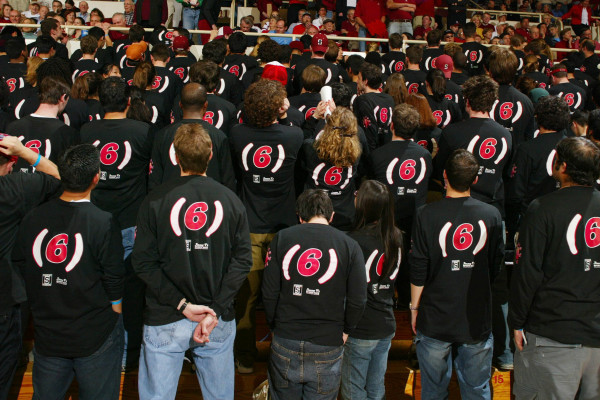 Stanford's Sixth Man Club liked making its presence felt at home games at Maples Pavilion — literally. At least once, Arizona coach Lute Olson stopped the game because the Sixth Man's stomping was shaking the basket during a Wildcats free throw. (DAVID GONZALES/Stanford Athletics)