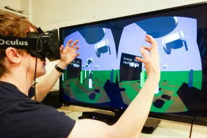 Stanford students create an Oculus Rift video game at hackTECH Courtesy of Rahim Ullah