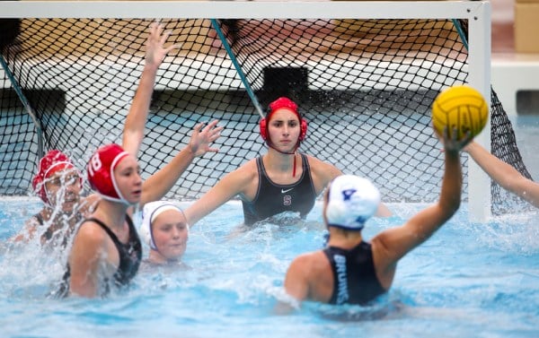 Sophomore goalkeeper Gabby Stone (center)