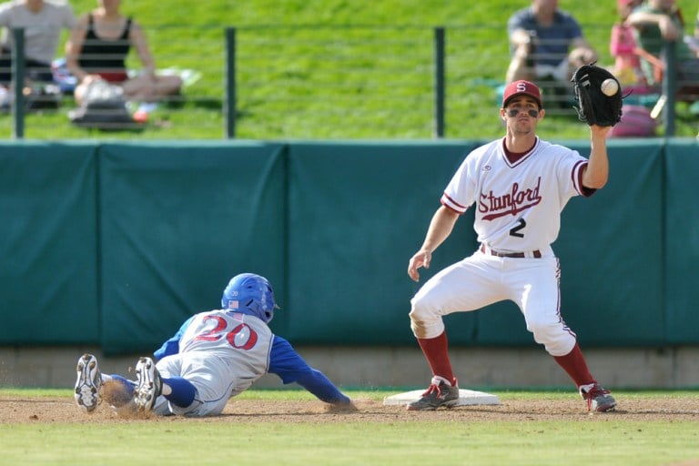 Senior Danny Diekroeger (right) had three game-winning hits this week, prompting the Pac-12 to name his as Pac-12 Player of the Week. (SAM GIRVIN/The Stanford Daily)