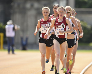 Junior Aisling Cuffe (front) recorded the third-fastest 5,000-meter time in collegiate history as she finished in 5:11.13 at the Payton Jordan Invitational. (RICHARD C ERSTED/stanfordphoto.com)