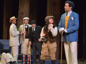 Doctor Caius (William Elsman, foreground) wonders to the validity the offer of the Host of the Garter Inn  (Neiry Rojo) as Master Page, Slender and Shallow await his decision (Allen Gilmore, Dan Flapper, Marcus Cato) in Santa Cruz Shakespeare's "The Merry Wives of Windsor." Photo by Jana Marcus.