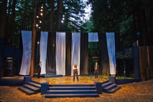 Duke Frederick (Richard Ziman, center) considers his next evil plan, flanked by hetchmen (Hugh Coles and Lucas Brandt) in Santa Cruz Shakespeare's As You LIke It. Photo by rr jones.