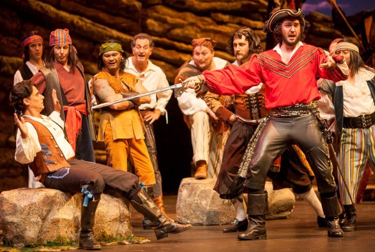 Robert Vann (left) as Frederic (double cast with Sam Faustine) and Ben Brady as the Pirate King (double cast with Charles Martin), The Pirates of Penzance. 
Photo by Charles Martin, 2014.