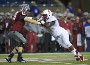 Defensive tackle Ikenna Nwafor (right) will likely take a medical retirement, head coach David Shaw said on Monday. (STEPHEN BRASHEAR/isiphotos.com)