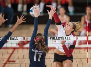 Junior outside hitter Brittany Howard (above), along with junior setter Madi Bugg, spent parts of their summers in China, representing the Pac-12 Conference as part of a tour against Chinese volleyball teams. (DAVID BERNAL/isiphotos.com) 