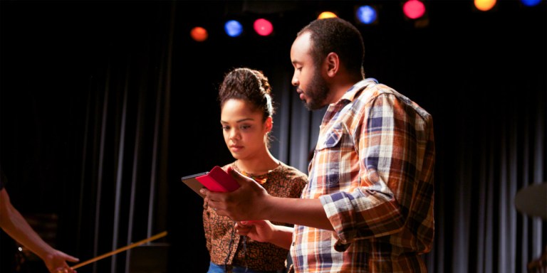 Tessa Thompson and Justin Simien on the set of Dear White People. Photo by Ashley Nguyen, courtesy of Roadside Attractions.