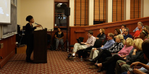 The Stanford Arts Institute kicked off a new year-long initiative called "Imagining the Universe" by inviting Princeton creative writing professor Tracy Smith to the stage. Smith read excerpts from her Pulitzer-prize winning poetry collection "Life on Mars." (KRISTEN STIPANOV/The Stanford Daily)