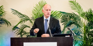 Jerry Brown spoke at a drought conference co-sponsored by the Hamilton Project and Stanford Woods Institute for the Environment. (Courtesy of Joseph Garappolo)